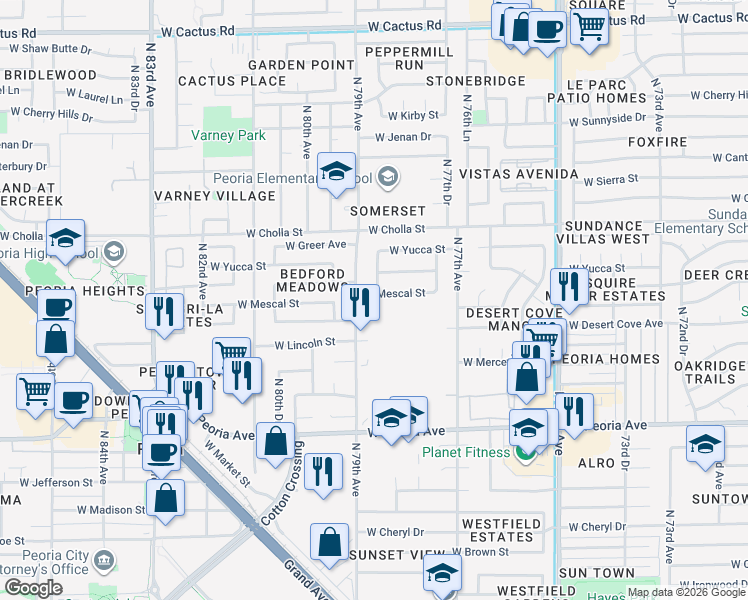 map of restaurants, bars, coffee shops, grocery stores, and more near 11207 North 79th Avenue in Peoria