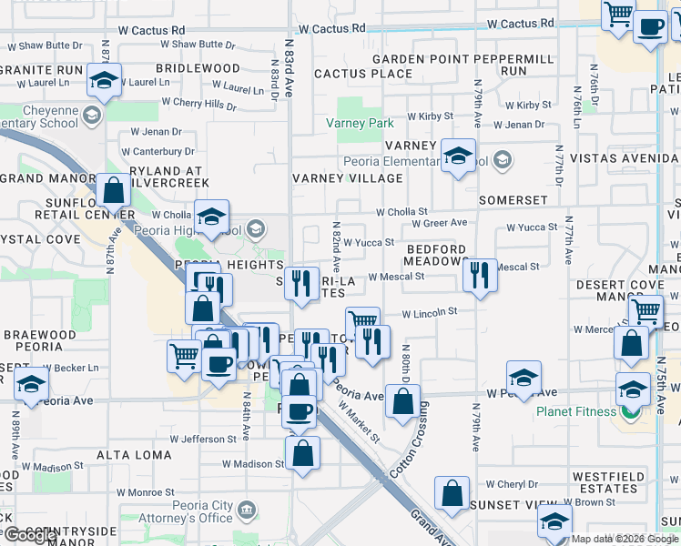 map of restaurants, bars, coffee shops, grocery stores, and more near 8212 West Shangri-la Road in Peoria