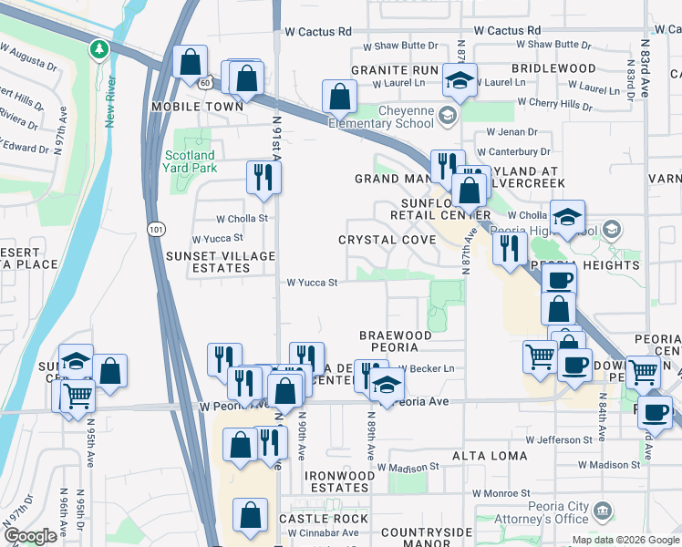 map of restaurants, bars, coffee shops, grocery stores, and more near 11411 North 91st Avenue in Peoria