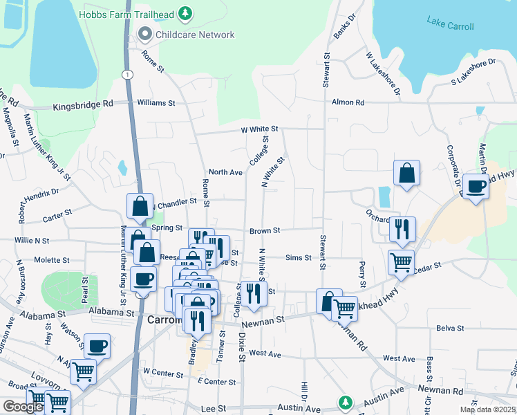 map of restaurants, bars, coffee shops, grocery stores, and more near 538 North White Street in Carrollton