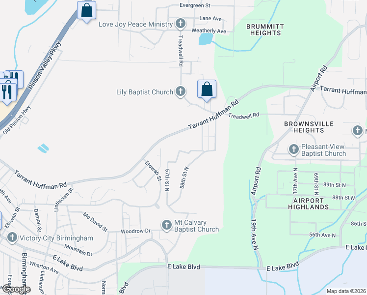 map of restaurants, bars, coffee shops, grocery stores, and more near 1719 Tarrant Huffman Road in Birmingham