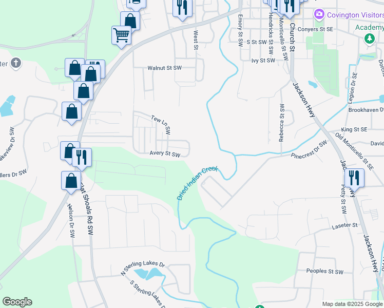 map of restaurants, bars, coffee shops, grocery stores, and more near 6360 Avery Street Southwest in Covington
