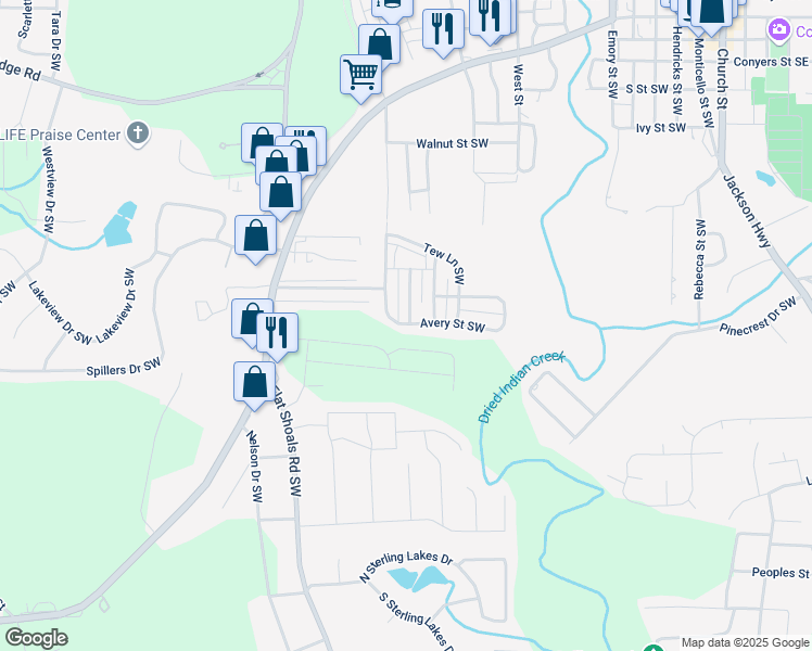 map of restaurants, bars, coffee shops, grocery stores, and more near 6192 Avery Street Southwest in Covington