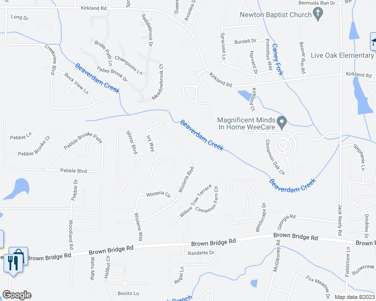 map of restaurants, bars, coffee shops, grocery stores, and more near 380 Wisteria Boulevard in Covington