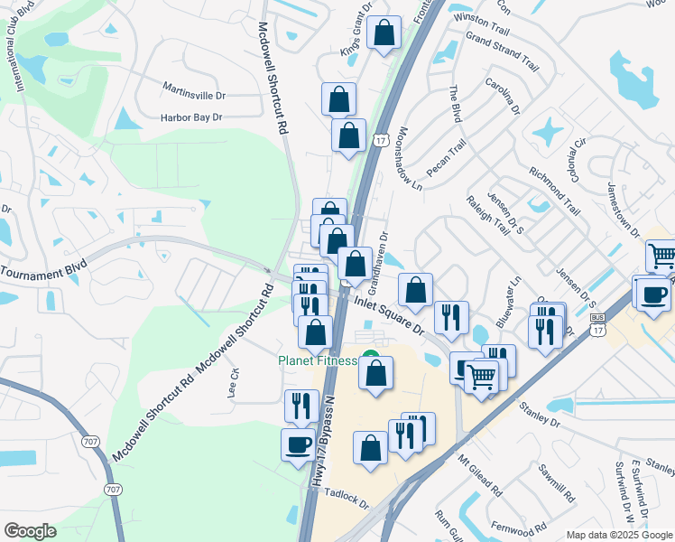 map of restaurants, bars, coffee shops, grocery stores, and more near 12125 Highway 17 Bypass in Murrells Inlet