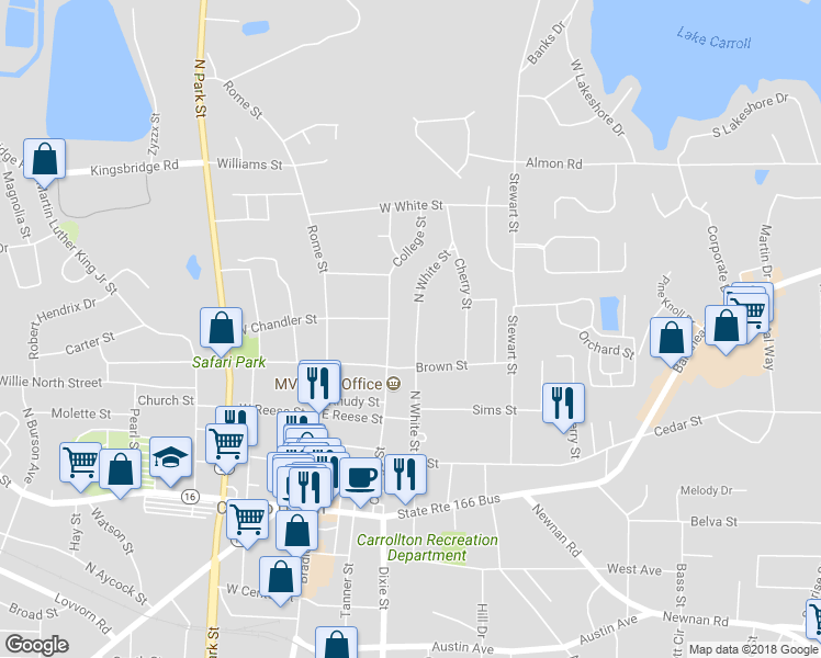 map of restaurants, bars, coffee shops, grocery stores, and more near 530 North White Street in Carrollton