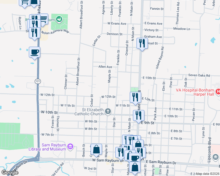 map of restaurants, bars, coffee shops, grocery stores, and more near 1316 Maple Street in Bonham