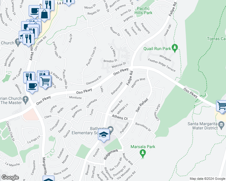 map of restaurants, bars, coffee shops, grocery stores, and more near 27675 Bahamonde in Mission Viejo