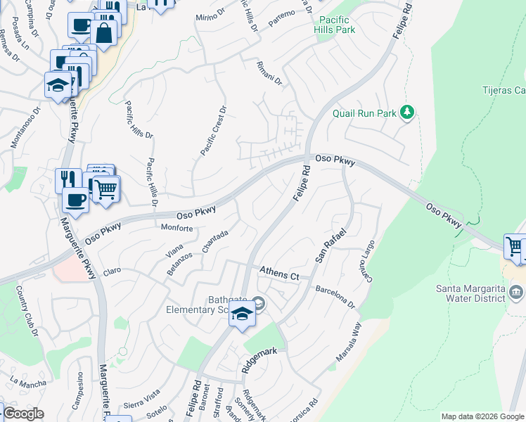map of restaurants, bars, coffee shops, grocery stores, and more near 27675 Bahamonde in Mission Viejo