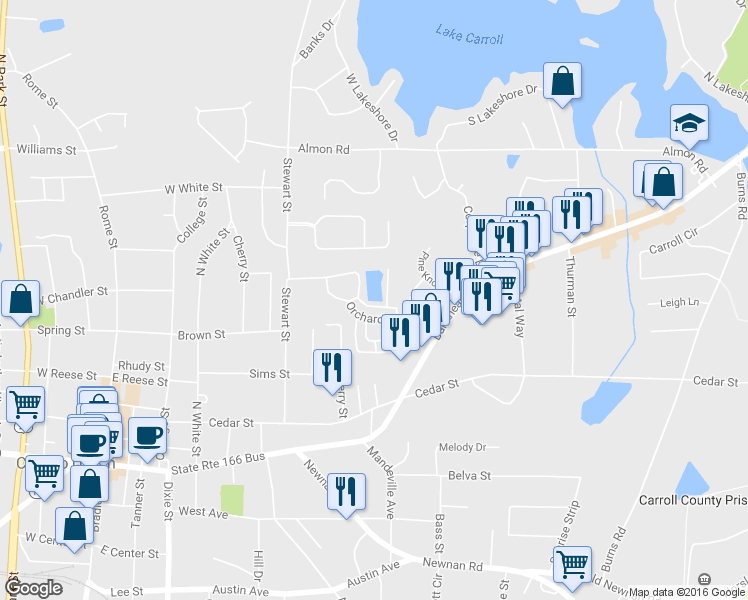 map of restaurants, bars, coffee shops, grocery stores, and more near 104 Frankford Way in Carrollton