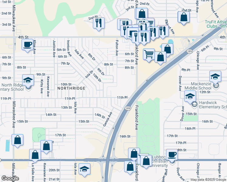 map of restaurants, bars, coffee shops, grocery stores, and more near 6000 12th Street in Lubbock
