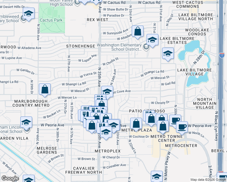 map of restaurants, bars, coffee shops, grocery stores, and more near 11022 North 34th Avenue in Phoenix