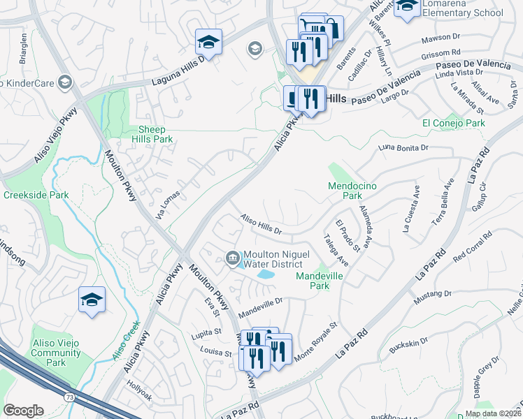 map of restaurants, bars, coffee shops, grocery stores, and more near 25891 El Segundo Street in Laguna Hills