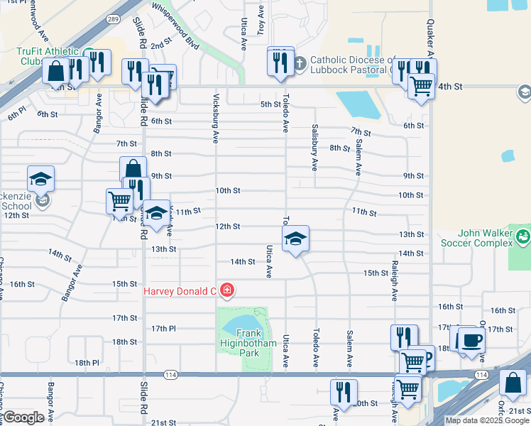 map of restaurants, bars, coffee shops, grocery stores, and more near 4809 11th Street in Lubbock
