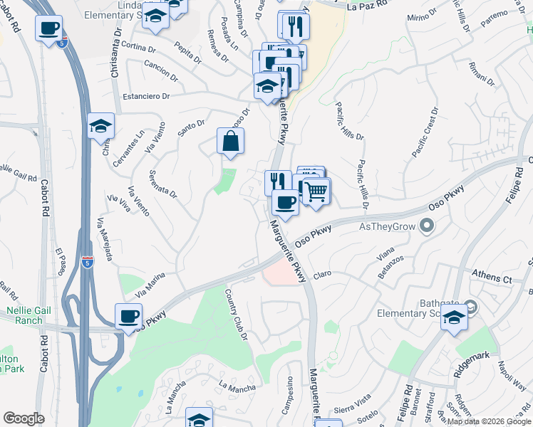 map of restaurants, bars, coffee shops, grocery stores, and more near 25911 Blascos in Mission Viejo