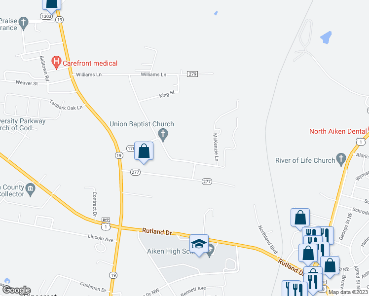 map of restaurants, bars, coffee shops, grocery stores, and more near 675 Union Church Lane in Aiken