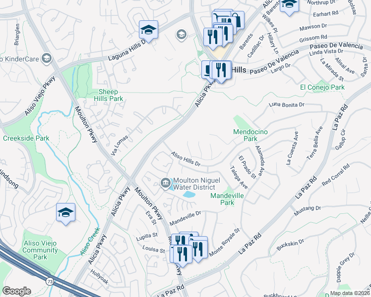 map of restaurants, bars, coffee shops, grocery stores, and more near 25911 El Segundo Street in Laguna Hills