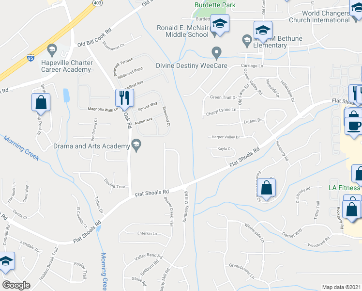 map of restaurants, bars, coffee shops, grocery stores, and more near 6190 Kimberly Mill Road in College Park