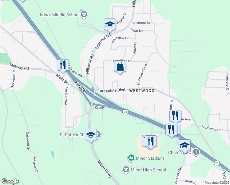 map of restaurants, bars, coffee shops, grocery stores, and more near 3004 Forestdale Boulevard in Adamsville