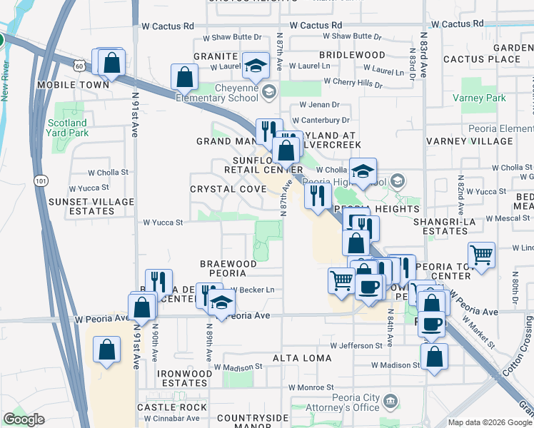 map of restaurants, bars, coffee shops, grocery stores, and more near 8735 West Christopher Michael Lane in Peoria