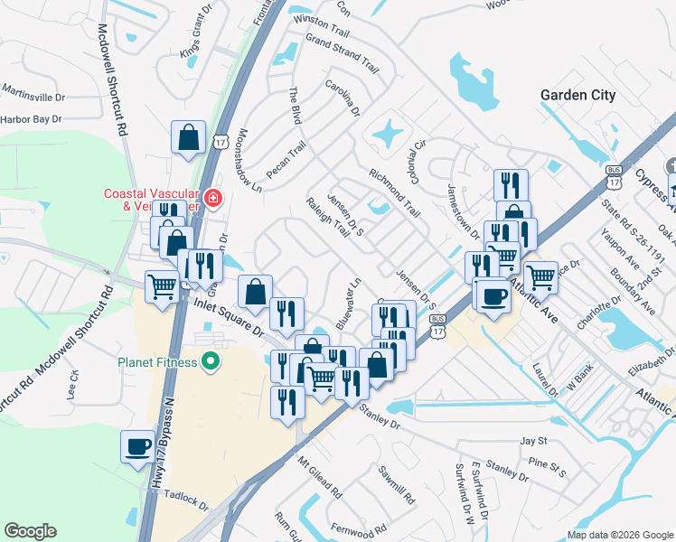 map of restaurants, bars, coffee shops, grocery stores, and more near 57 Offshore Drive in Murrells Inlet