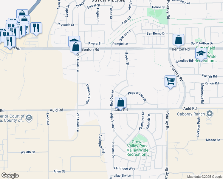 map of restaurants, bars, coffee shops, grocery stores, and more near Willow Circle in French Valley
