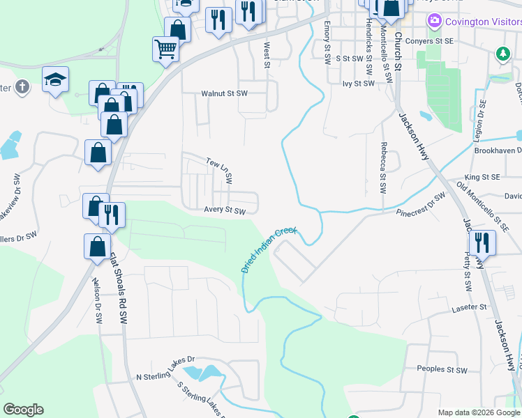 map of restaurants, bars, coffee shops, grocery stores, and more near 6362 Avery Street Southwest in Covington