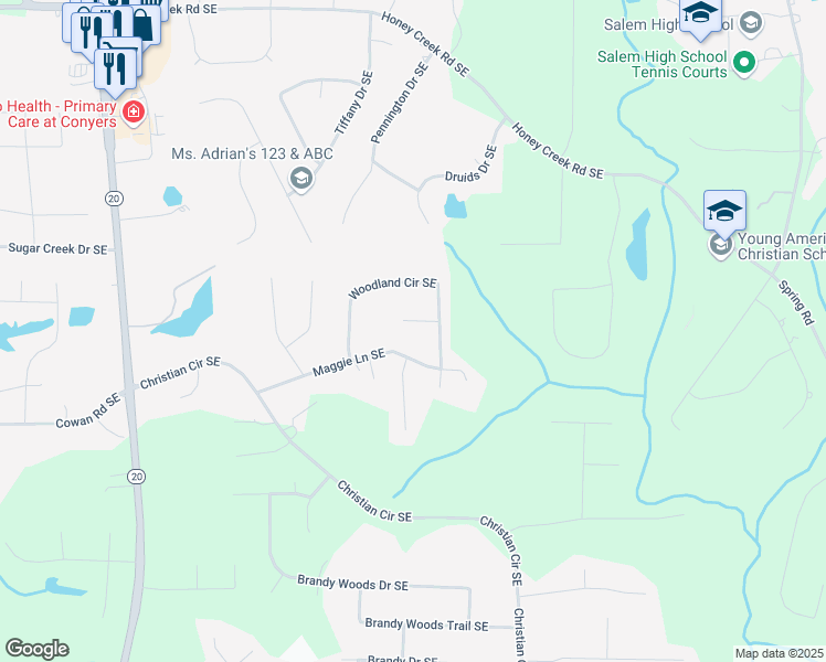 map of restaurants, bars, coffee shops, grocery stores, and more near 1235 Woodland Court Southeast in Conyers