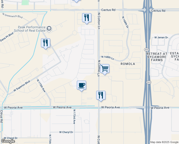 map of restaurants, bars, coffee shops, grocery stores, and more near 17153 West Edinburg Street in Surprise