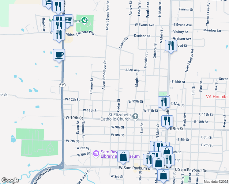 map of restaurants, bars, coffee shops, grocery stores, and more near 1306 Cedar Street in Bonham