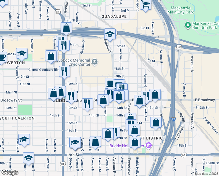 map of restaurants, bars, coffee shops, grocery stores, and more near 1200-1298 10th St in Lubbock