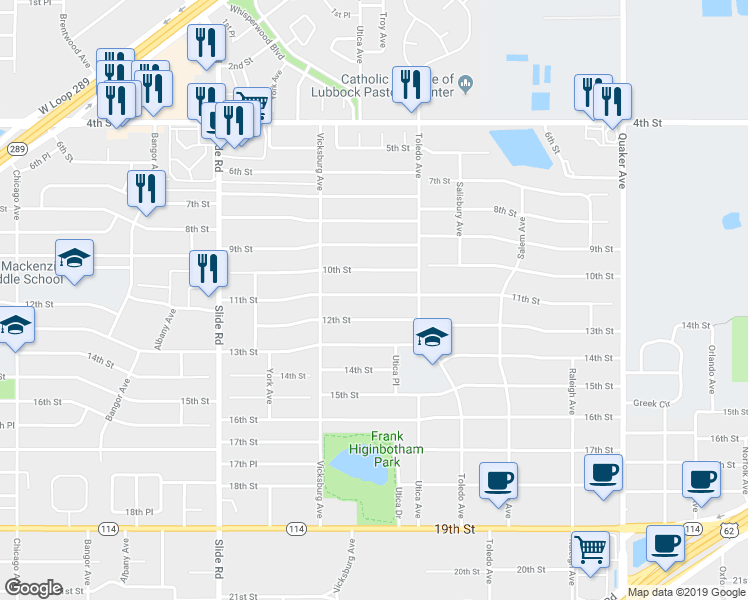 map of restaurants, bars, coffee shops, grocery stores, and more near 4818 11th Street in Lubbock