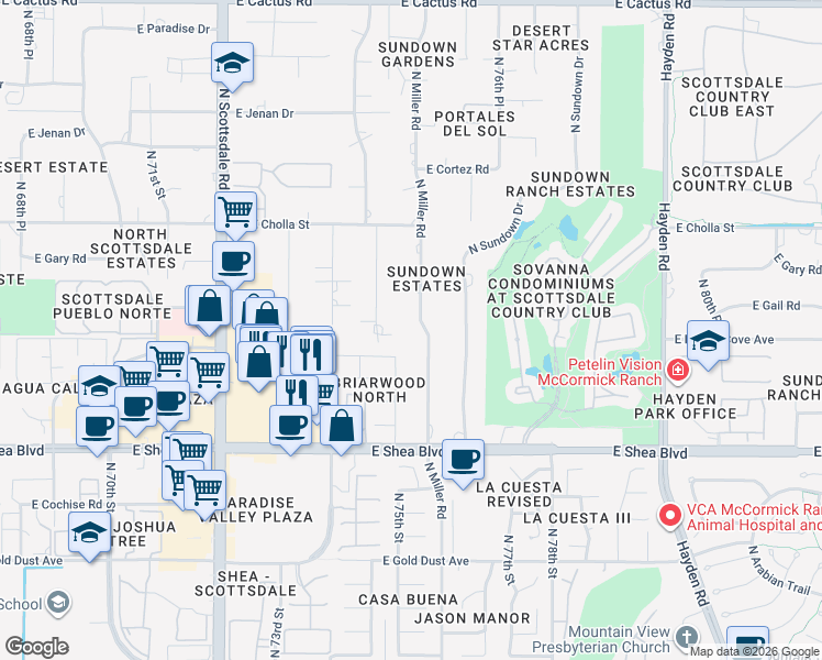 map of restaurants, bars, coffee shops, grocery stores, and more near 11015 North Miller Road in Scottsdale
