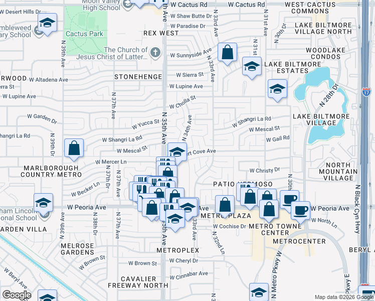 map of restaurants, bars, coffee shops, grocery stores, and more near 11022 North 34th Avenue in Phoenix