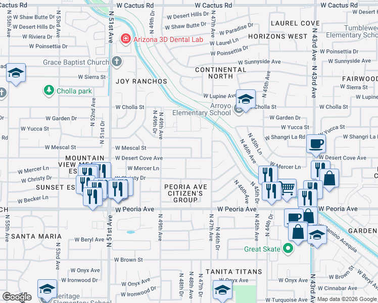 map of restaurants, bars, coffee shops, grocery stores, and more near 4820 West Mescal Street in Glendale
