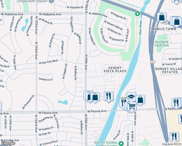 map of restaurants, bars, coffee shops, grocery stores, and more near 107 North 99th Avenue in Peoria