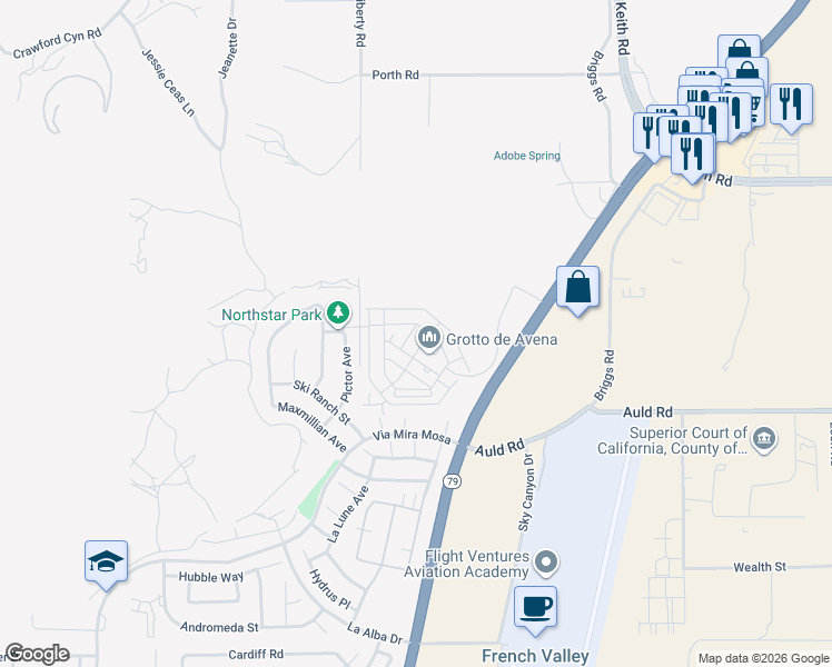 map of restaurants, bars, coffee shops, grocery stores, and more near 36782 Pictor Avenue in Murrieta