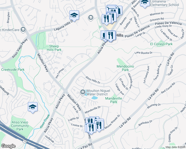 map of restaurants, bars, coffee shops, grocery stores, and more near 25891 El Segundo Street in Laguna Hills