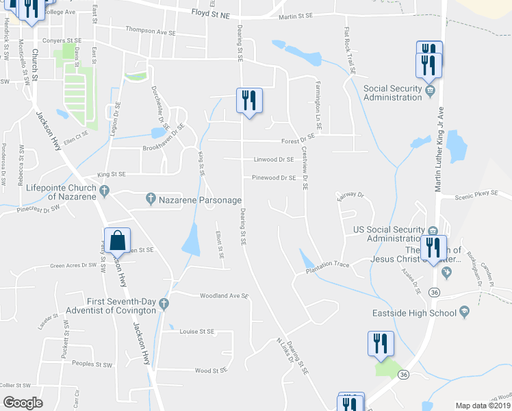 map of restaurants, bars, coffee shops, grocery stores, and more near 7195 Golfside Drive Southeast in Covington