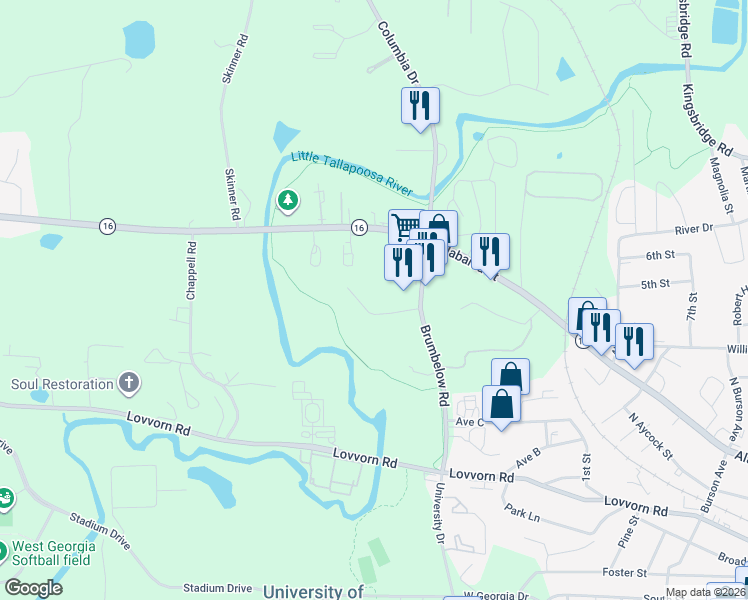 map of restaurants, bars, coffee shops, grocery stores, and more near 203 Brumbelow Rd in Carrollton