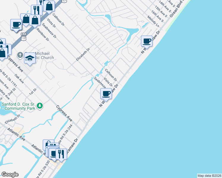 map of restaurants, bars, coffee shops, grocery stores, and more near 125 Vista Drive in Murrells Inlet