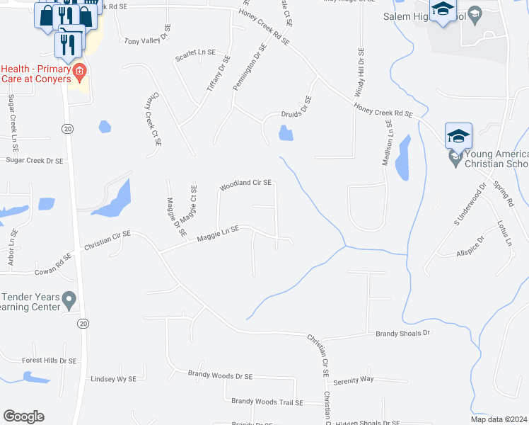map of restaurants, bars, coffee shops, grocery stores, and more near 1239 Woodland Court Southeast in Conyers