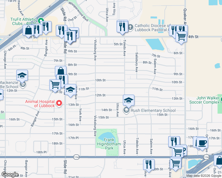 map of restaurants, bars, coffee shops, grocery stores, and more near 4818 11th Street in Lubbock