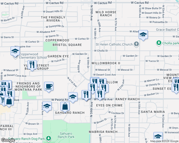 map of restaurants, bars, coffee shops, grocery stores, and more near 11023 North 59th Drive in Glendale