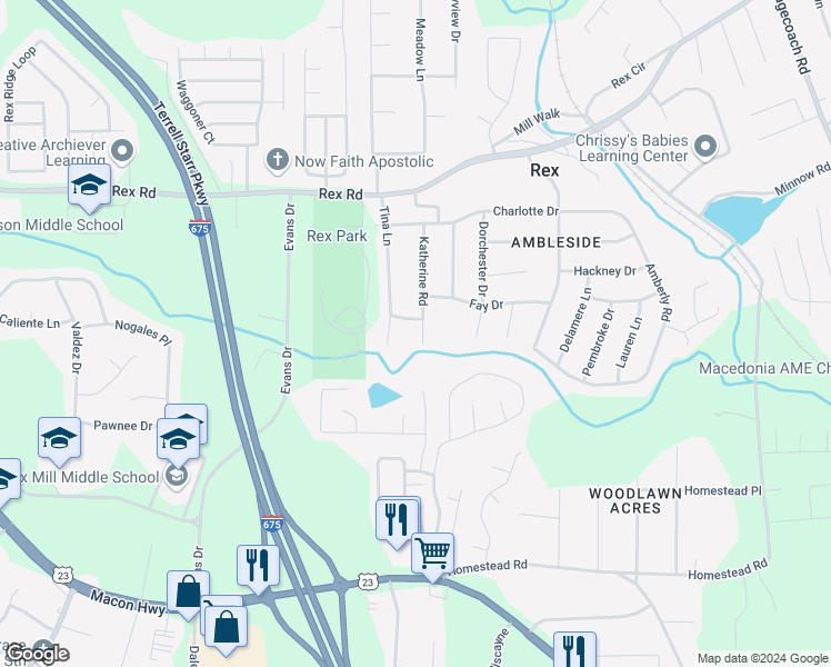 map of restaurants, bars, coffee shops, grocery stores, and more near 6163 Katherine Road in Rex