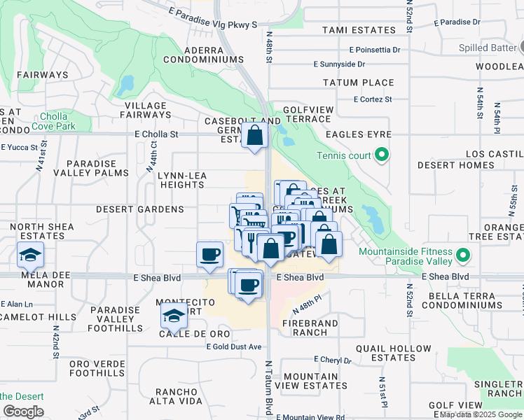 map of restaurants, bars, coffee shops, grocery stores, and more near 11011 North Tatum Boulevard in Phoenix