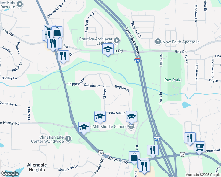 map of restaurants, bars, coffee shops, grocery stores, and more near 6166 Valdez Drive in Rex