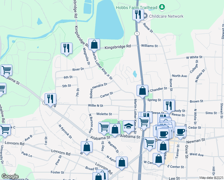 map of restaurants, bars, coffee shops, grocery stores, and more near 104 Robert Hendrix Drive in Carrollton