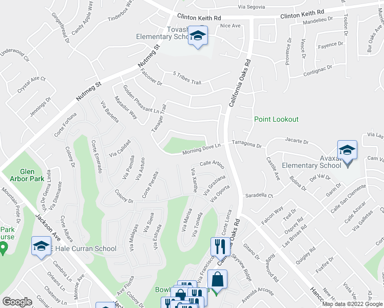 map of restaurants, bars, coffee shops, grocery stores, and more near 24087 Morning Dove Lane in Murrieta