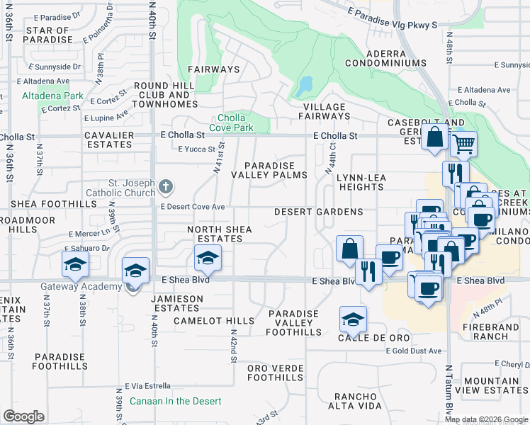 map of restaurants, bars, coffee shops, grocery stores, and more near 4252 East Desert Cove Avenue in Phoenix
